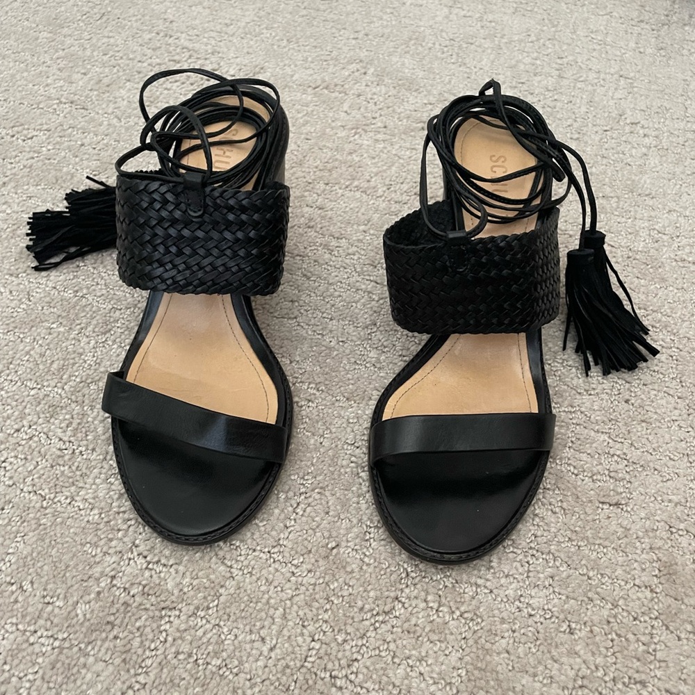 SCHUTZ Strappy Black Block Heel Sandals with Tassels - Picture 2 of 6